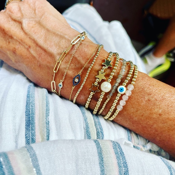 Handmade 14k gold filled bead + pale pink morganite bead stretch bracelet - Picture 8 of 11